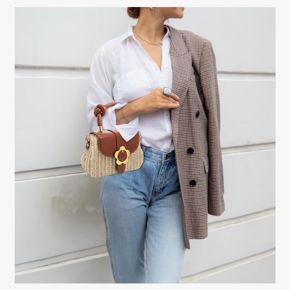 Small Top Handle Purse, Straw Crossbody Bag w/ Floral Buckle Detachable Strap 🆕 - Picture 4 of 7